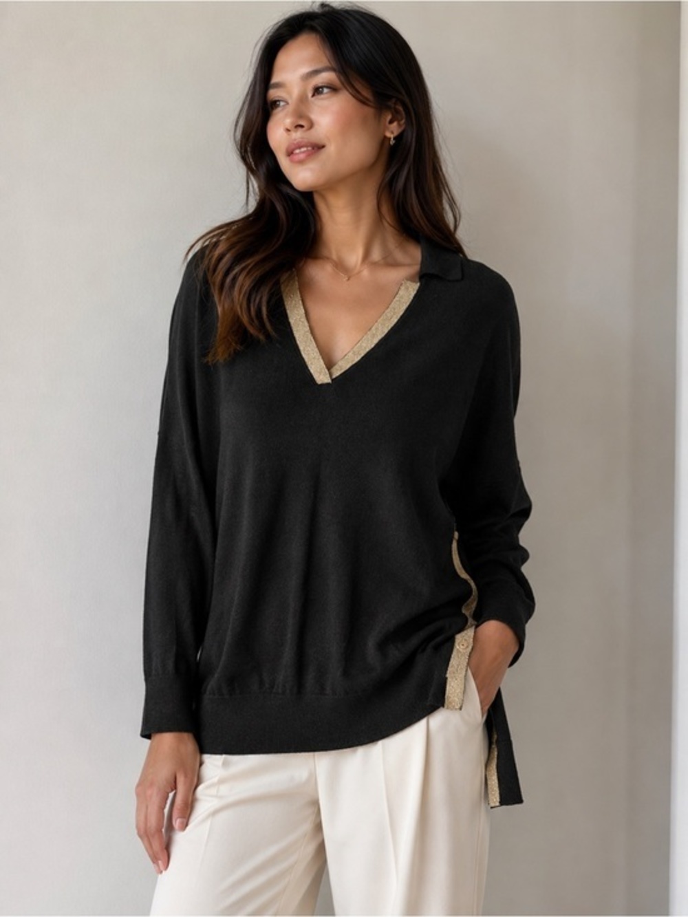 PAULE KA Cashmere Silk Black V-Neck Sweater with Gold Trim Accents size S